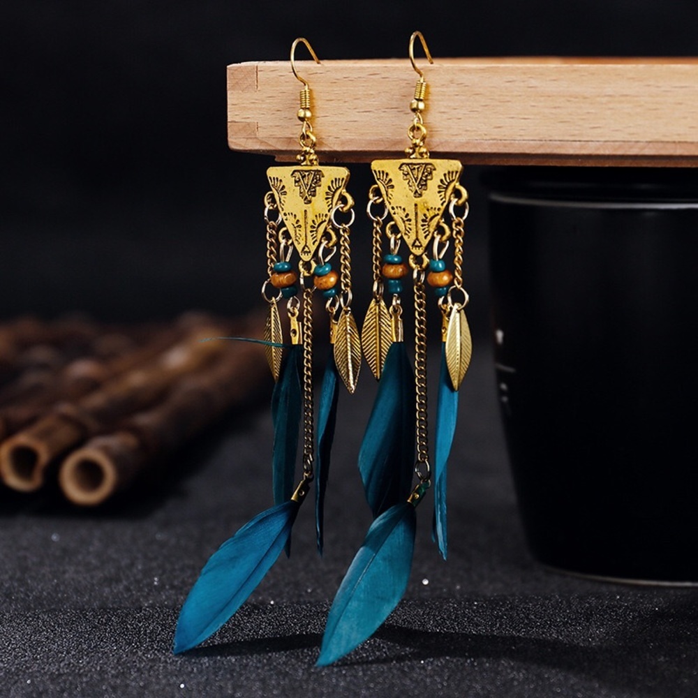EXOTIC long feather boho leaf tassle earrings